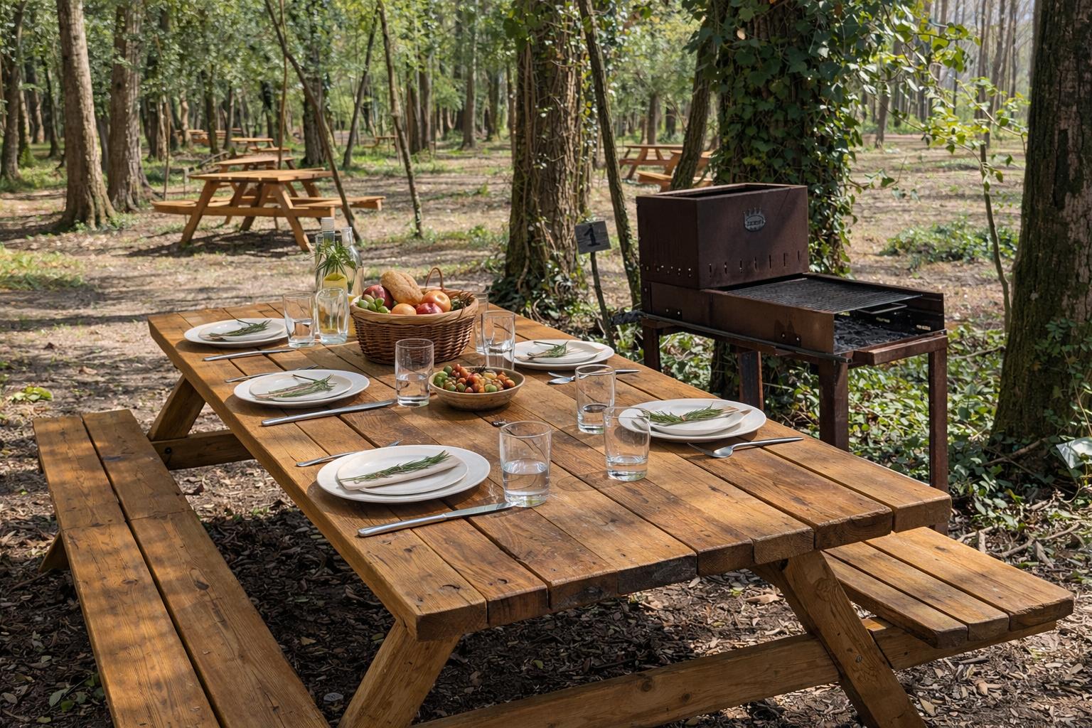 Tavolo picnic apparecchiato con barbecue nel bosco